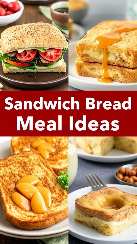 Delicious Sandwich Bread Meal Ideas Collage of sandwich bread meal ideas: BLT, grilled cheese, French toast, and bread pudding.